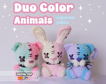 AMIGURUMI PATTERN, 3in1 Duo Color Animals, Bear Cat Bunny crochet pattern | Spanish & English Instructions (Digital pattern, PDF).
