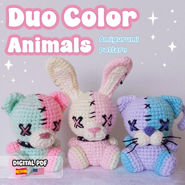 MODÈLE AMIGURUMI, Animaux Duo Couleur 3 en 1, Modèle au crochet Ours Chat Lapin | Instructions en espagnol et en anglais (Modèle numérique, PDF).