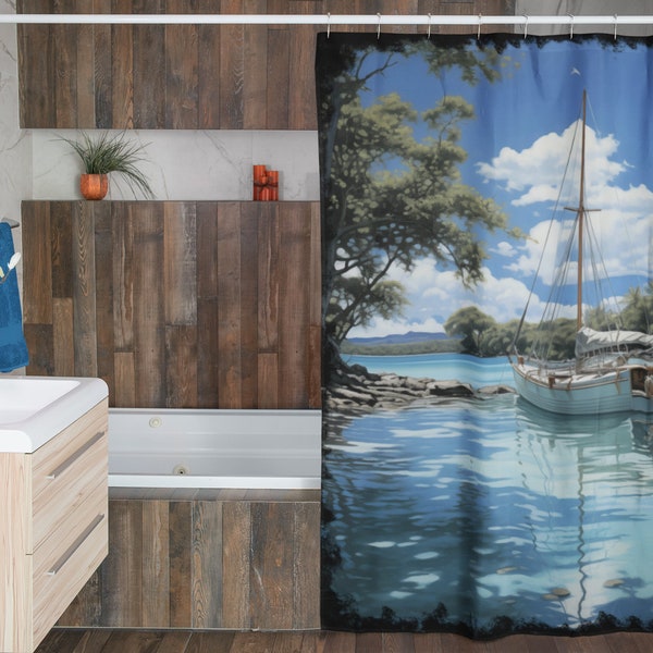 Tropical Sailboat Shower Curtain, Beach, Sailboat, House Warming Gift, Bath Decor Gift, Bath Decor, Sunset beach, Tropical beach, Palm tree