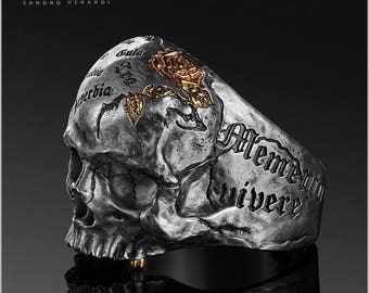 Anillo de calavera de plata de ley 925 maciza, anillo Memento Mori, anillo de calavera para hombre, Memento Vivere, joyería para moteros, regalo estoico /R015
