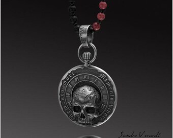 Ciondolo a forma di teschio in argento sterling 925 massiccio, ciondolo Memento Mori per uomo, collana con teschio, Memento Vivere, regalo per motociclisti e stoicismo /N046