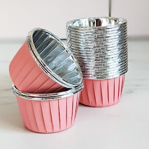 Muffin Cups Metallic Cupcake Cases, Pleated Pink & Silver Metallic Foil Chrome Baking Cups for Party Favors