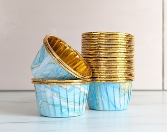 Cupcake Liner Paper Baking Cups, Blue Shimmer and Gold Metallic Foil Chrome Muffin Baking Cups
