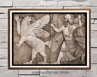 Marduk fighting Tiamat, Drawing from Relief in Assyria - Pagan & Sacred fine art giclee reproduction print