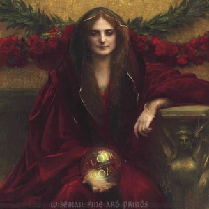 May include: A woman wearing a red velvet robe holds a golden orb inscribed with the word "GLOIRE". She is seated in front of a gold mosaic background with red roses and greenery.