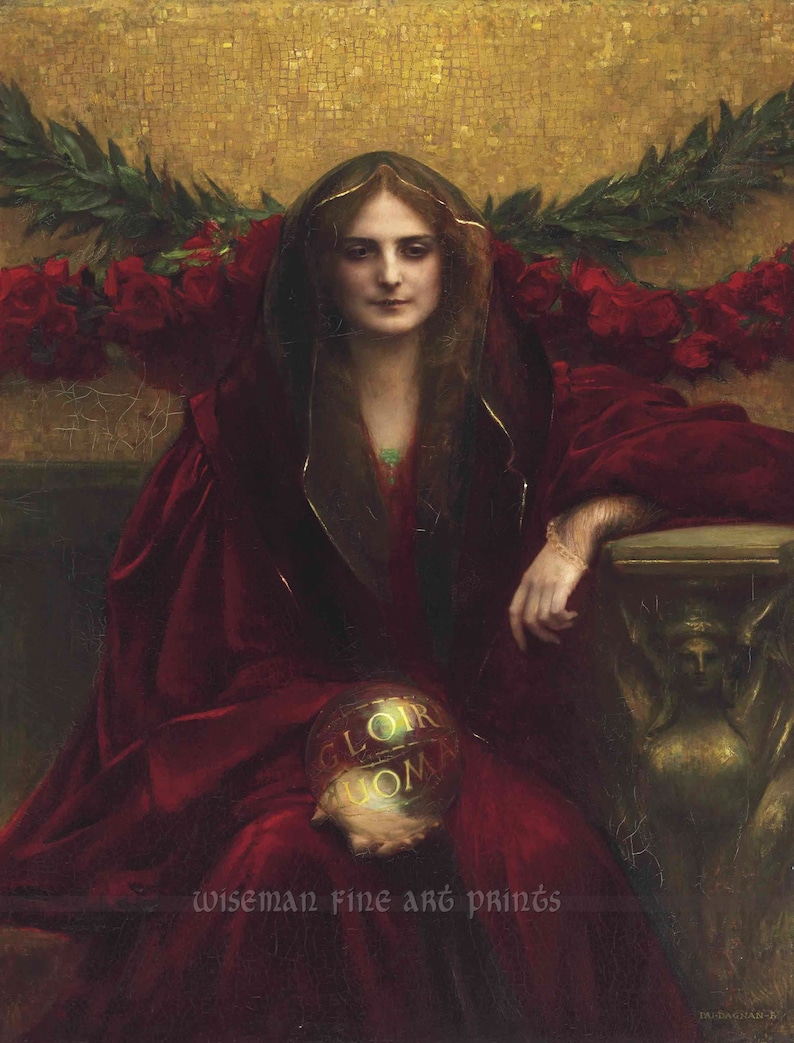 May include: A woman wearing a red velvet robe holds a golden orb inscribed with the word "GLOIRE". She is seated in front of a gold mosaic background with red roses and greenery.