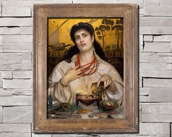 May include: A framed painting featuring a woman in a white gown with red beaded necklaces. The artwork has a gold background with a ship and trees. The frame is a light brown color. The painting is mounted on a gray brick wall.