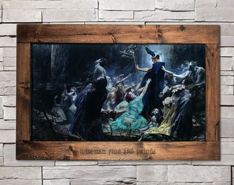 May include: A framed painting depicting a scene from a fantasy story. A robed figure with a feathered hat stands in the center of the image, surrounded by other figures in a dark, mysterious forest setting.