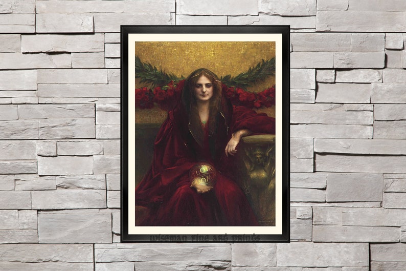 May include: A painting of a woman in a red robe, holding a golden orb in her hands. She is seated on a throne with a golden background. The painting is framed in black.