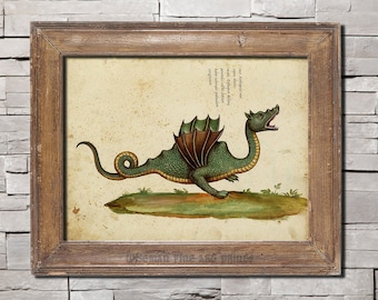 May include: A vintage illustration of a green dragon with brown wings, set against a beige background. The dragon is depicted with a curled tail and an open mouth, as if roaring. The image is framed in a brown wooden frame.