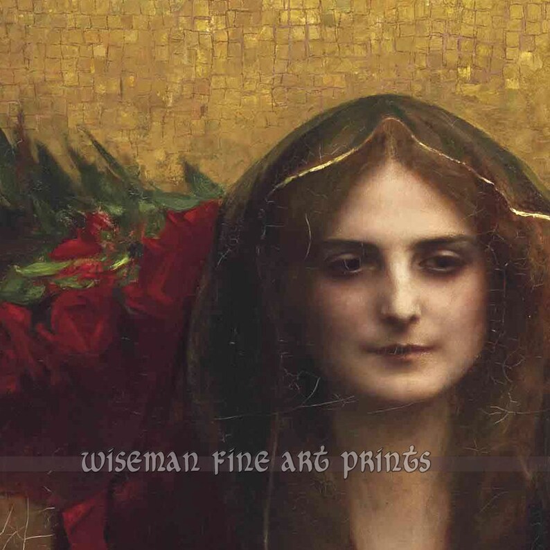 May include: A painting of a woman with long brown hair wearing a dark green veil. She is looking down with a soft expression. The background is a golden mosaic.