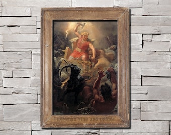 May include: A painting of Thor, the Norse god of thunder, wielding his hammer Mjolnir. He is depicted in a chariot pulled by two goats, surrounded by other figures and a stormy sky.