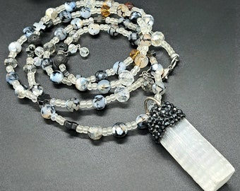 Selenite pendant talisman, selenite necklace, agate necklace, pave' pendant, gemstone talisman, natural jewelry, handmade necklace, boho