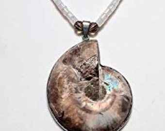 Fossil necklace, rope necklace, versatile jewelry, beaded necklace, ammonite pendant, natural jewelry, ocean jewelry, handcrafted necklace