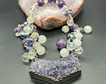 The Amaranthine Stardust Necklace, druzy pendant necklace, amethyst pendant, amethyst druzy, beaded jade necklace, wire wrapped chain