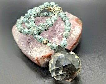 The Speckled Stone Necklace, jasper beaded necklace, jasper stone jewelry, Quartz ball pendant, ooak quartz necklace, raw energy, bohemian