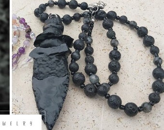 Made to order, Obsidian arrowhead, arrowhead necklace, lava stone, beaded talisman, rough obsidian, gothic vibes, natural stone necklace