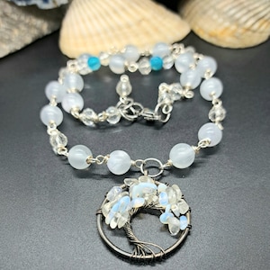 Tree of life, natural necklace, opalite pendant, calcite necklace, beaded jewelry, adjustable necklace, wire wrapped, crystal necklace, gift