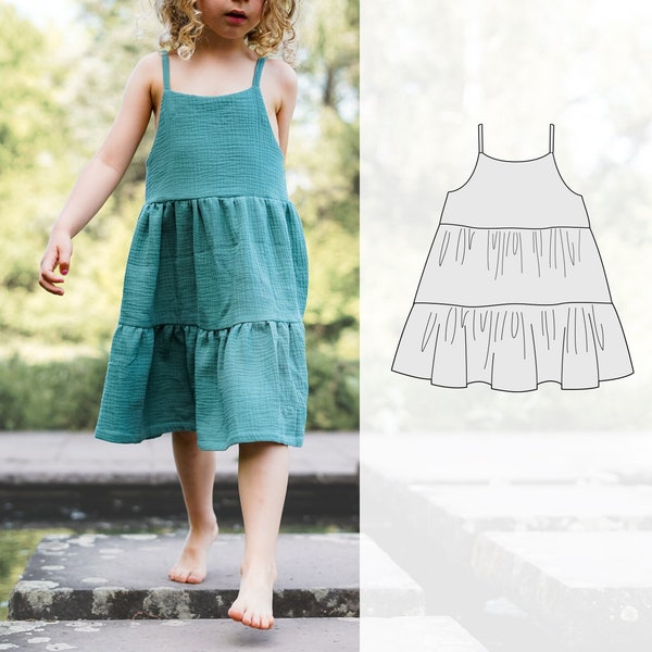 Summer Tiered dress sewing pattern for children, 6 months to 12 years, digital sewing pattern