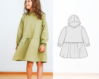 Hoodie Dress sewing pattern for children, PDF digital sewing pattern for a kid's winter hooded dress - 3 months to 12 years