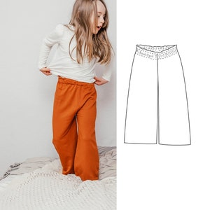Cartamodello per pantaloni a gamba larga per bambini, pantaloni Lexi - modello di pantaloni per bambini stile culotte, da 9 mesi a 10 anni, pantaloni in vita con sacchetto di carta