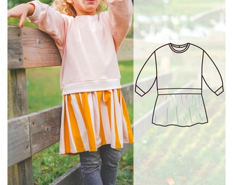 Sweatshirt dress sewing pattern for children, 1 to 12 years, digital sewing pattern, Sweatshirt and skirt pattern kids, skirted sweatshirt