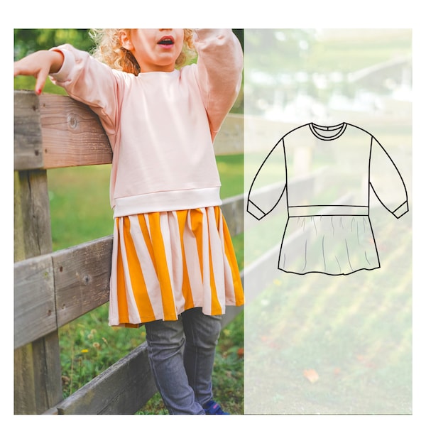 Sweatshirt dress sewing pattern for children, 1 to 12 years, digital sewing pattern, Sweatshirt and skirt pattern kids, skirted sweatshirt