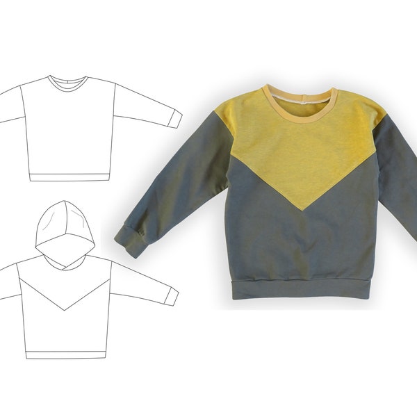 Kids sweatshirt sewing pattern, hoodie sewing pattern, colour block sweatshirt, oversized sweatshirt pattern for babies, toddlers and teens