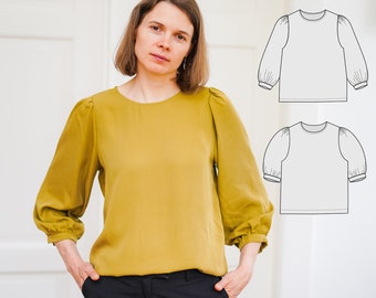 Puff sleeve blouse sewing pattern for women, Denica blouse, women's woven blouse with a bishop sleeve, size: EU - 32-56/ US 0-24