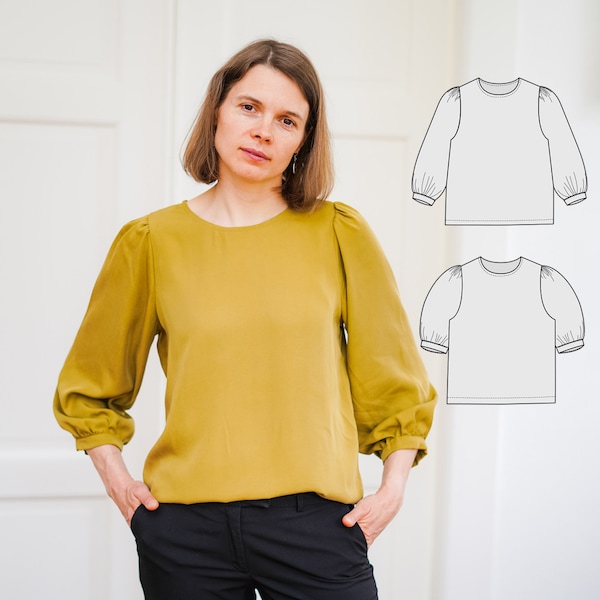 Puff sleeve blouse sewing pattern for women, Denica blouse, women's woven blouse with a bishop sleeve, size: EU - 32-56/ US 0-24