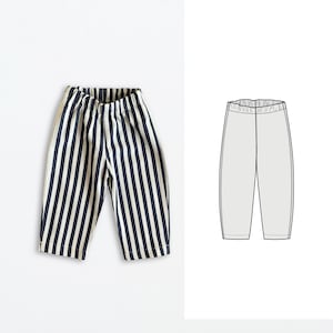 May include: A pair of striped pants with a navy blue and cream vertical stripe pattern. The pants have an elastic waistband and a relaxed fit. The image also includes a technical drawing of the pants.