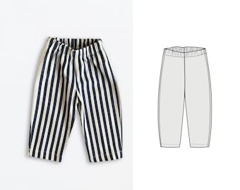 Könnte beinhalten: Gestreifte Hose mit vertikalen Streifen in Marineblau und Creme. Die Hose hat einen elastischen Bund und eine lockere Passform. Die Abbildung enthält auch eine technische Zeichnung der Hose.