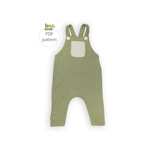 May include: A green and gray baby overall with a pocket and buttons. The overall is made of a soft, stretchy fabric. PDF pattern.