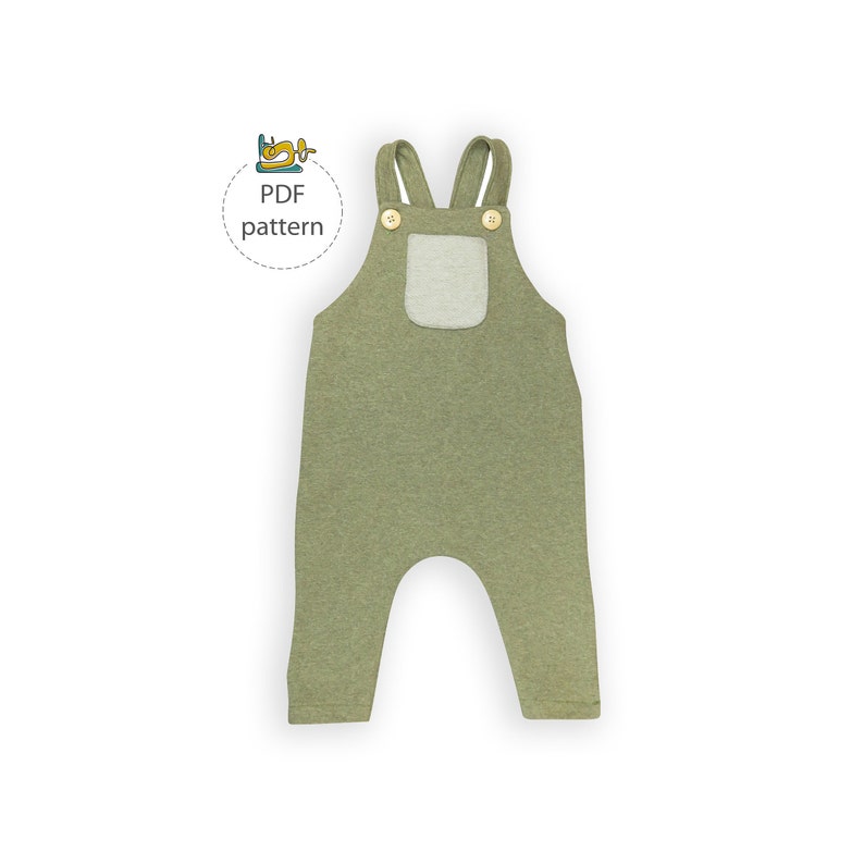 May include: A green and gray baby overall with a pocket and buttons. The overall is made of a soft, stretchy fabric. PDF pattern.