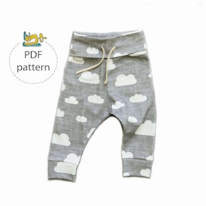 Baby and toddler jogger pants sewing pattern with cuffs and a drawstring cuffed waist for beginners