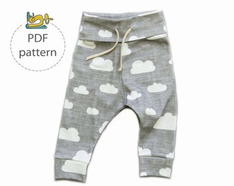 May include: Gray sweatpants with a white cloud print and a drawstring waist. PDF pattern included.