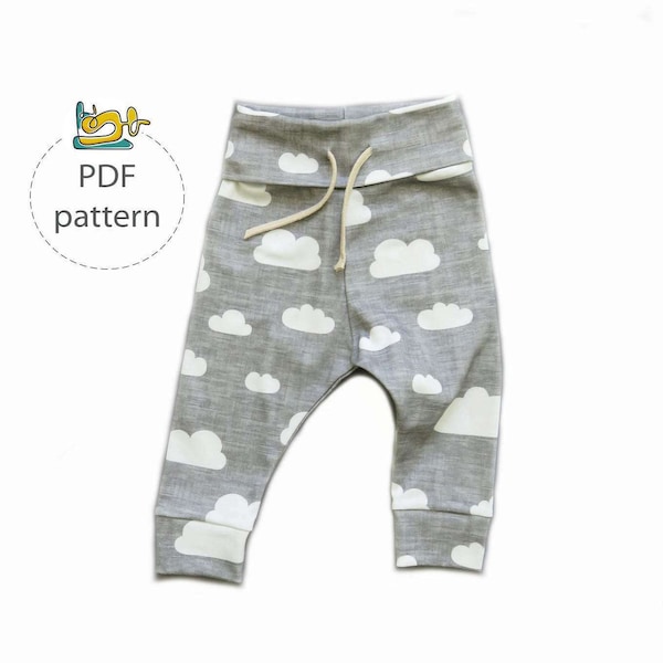 Baby and toddler jogger pants sewing pattern with cuffs and a drawstring cuffed waist for beginners