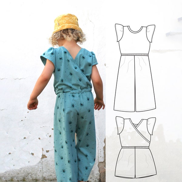 Kids wide leg jumpsuit sewing pattern, children jumpsuit pattern with long and short leg, Lexi Jumpsuit - 6 month to 10 years, wrap back