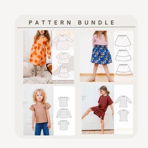 May include: A digital pattern bundle for sewing children's clothing. The bundle includes patterns for a dress with polka dots, a dress with a ruffle, a skirt with a floral print, a t-shirt with short sleeves, a t-shirt with long sleeves, and a dress with long sleeves.
