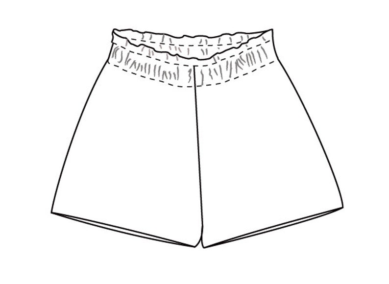 Op de afbeelding: Lijntekening van een korte broek. De korte broek heeft een geplooid tailleband en een eenvoudig, minimalistisch ontwerp. De korte broek is wit en lijkt gemaakt van een lichte stof, geschikt voor warm weer.