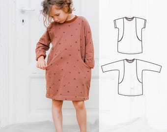 Children's dress sewing pattern with pockets,  The Rainy Day dress is an oversized kids' pattern for girls from baby to 10 years.