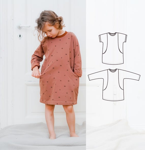 Children's dress sewing pattern with pockets,  The Rainy Day dress is an oversized kids' pattern for girls from baby to 10 years.
