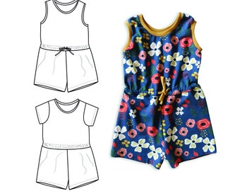 Girl's jumpsuit sewing pattern, short jumpsuit pattern, summer overall, shorties jumpsuit, baby romper pattern