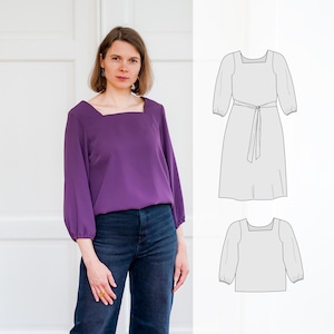 Woman&#39;s blouse sewing pattern, square neck blouse, and dress pattern and tutorial, plus size pattern