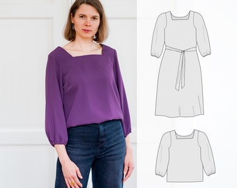 Woman's blouse sewing pattern, square neck blouse, and dress pattern and tutorial, plus size pattern