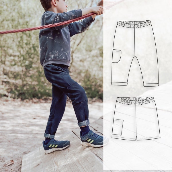 Roll up pants and shorts sewing pattern for children, kids side pocket pants, children pants sewing pattern with shorts option