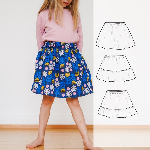 Children skirt sewing pattern, basic skirt pattern, tiered skirt pattern for girls, 1 to 12 years, circle skirts for kids sewing pattern