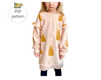 Girls dress pattern, Cozy sweatshirt dress sewing pattern, ruffled sweatshirt dress, trendy dropped sleeves girls dress