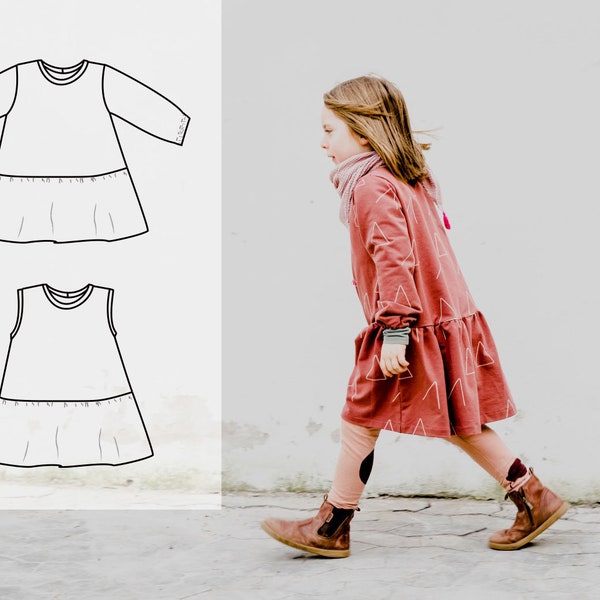 Low waist dress, girl's dress sewing pattern, dropped waist dress, sweatshirt dress, 0to 12 years, digital sewing pattern, tank dress