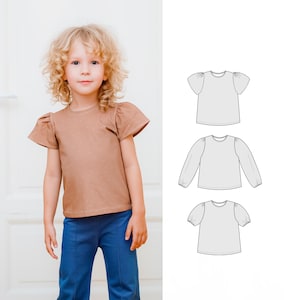 Girl&#39;s top sewing pattern, ruffle sleeve tee, peplum top elastic sleeve and puff sleeve top pattern for girls up to 12 years, blouse pattern